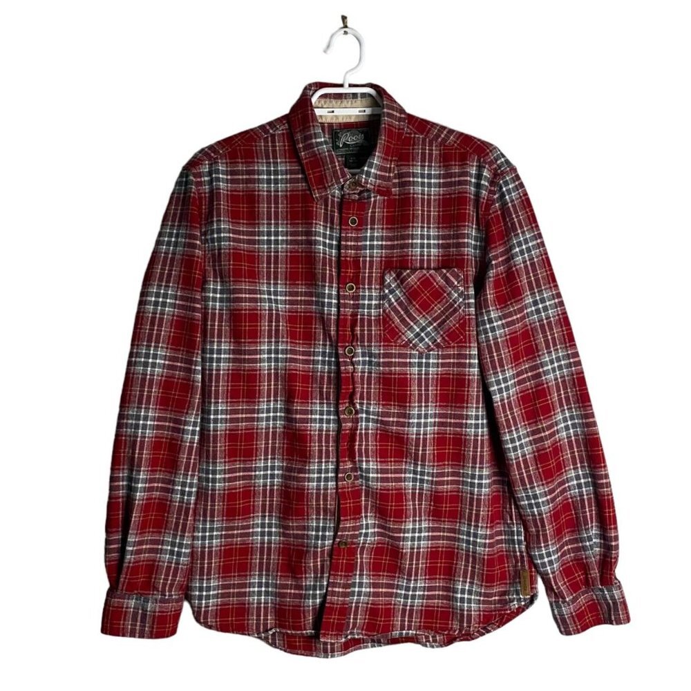Roots Men's Red Plaid Flannel Button-Down Shirt